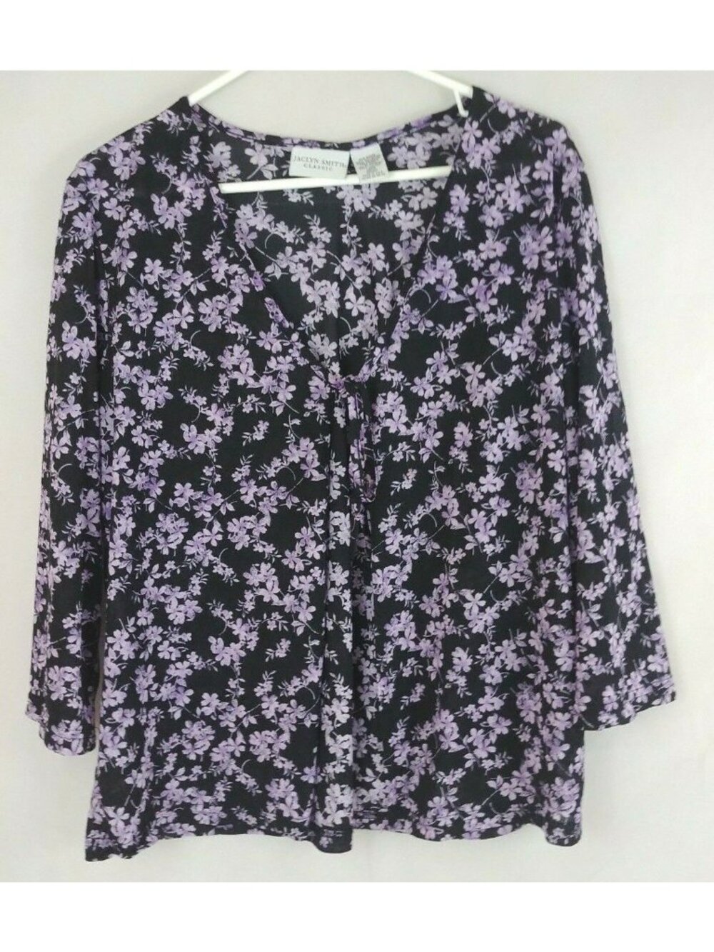 Jaclyn Smith 3/4 Sleeve Sheer Open Front Black Blouse With Purple Flowers Sz L